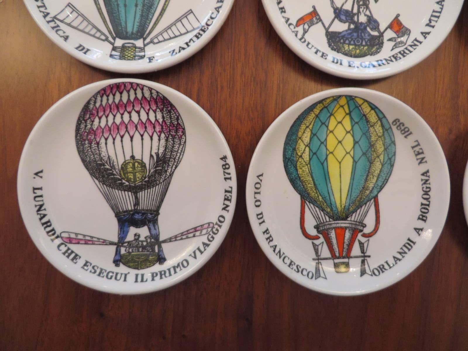 Set of Eight Colored Hot Air Balloon Motif Coasters by Piero Fornasetti In Good Condition For Sale In Tarrytown, NY