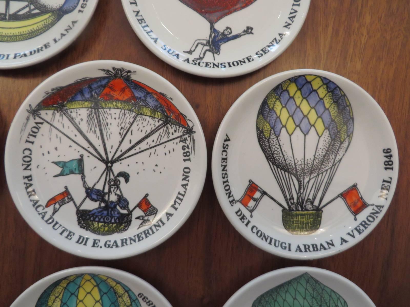 Mid-20th Century Set of Eight Colored Hot Air Balloon Motif Coasters by Piero Fornasetti For Sale