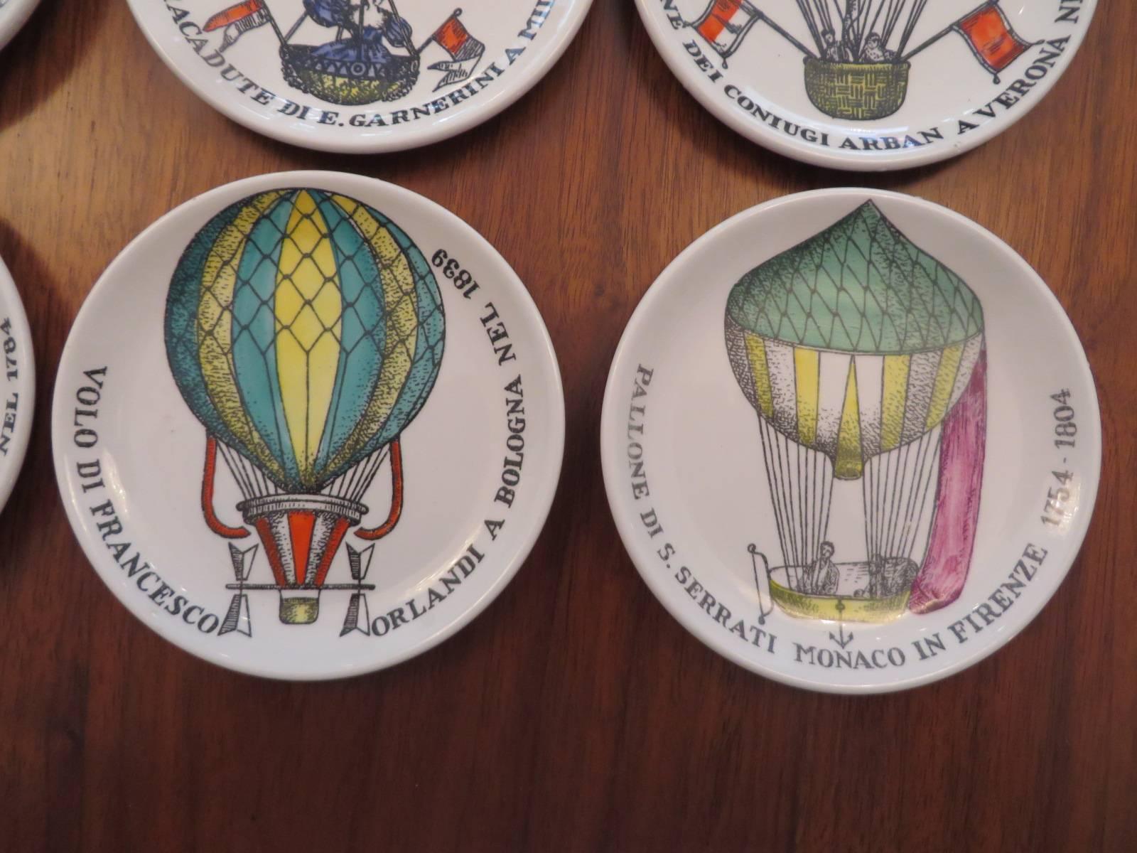 Set of Eight Colored Hot Air Balloon Motif Coasters by Piero Fornasetti For Sale 1