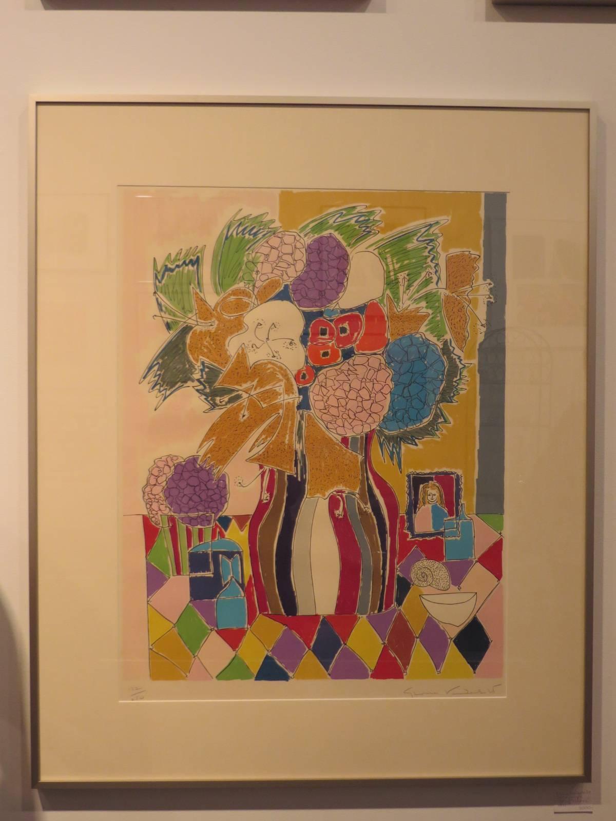 Beautiful still life arrangement of flowers by Gloria Vanderbilt. Signed and numbered 132/250. Newly framed and rematted in silk. Framed measurements are 39