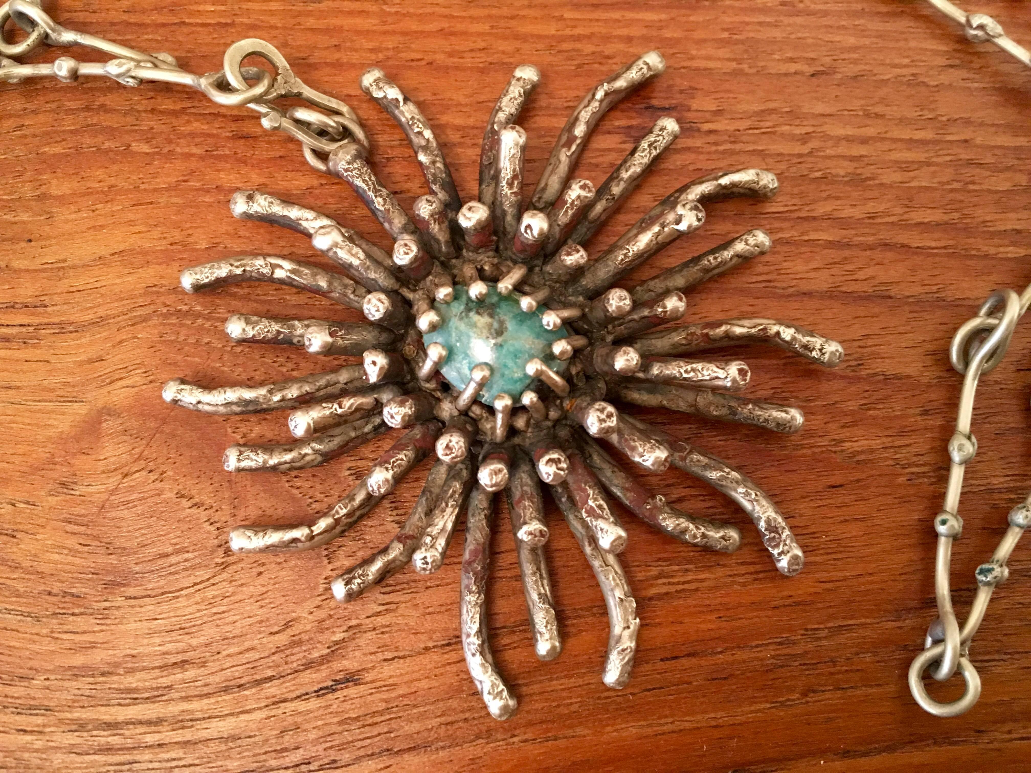 Sculptural, oversized necklace created by Pal Kepenyes of Mexico. Hand-wrought, sterling silver, beaded, chain is 28