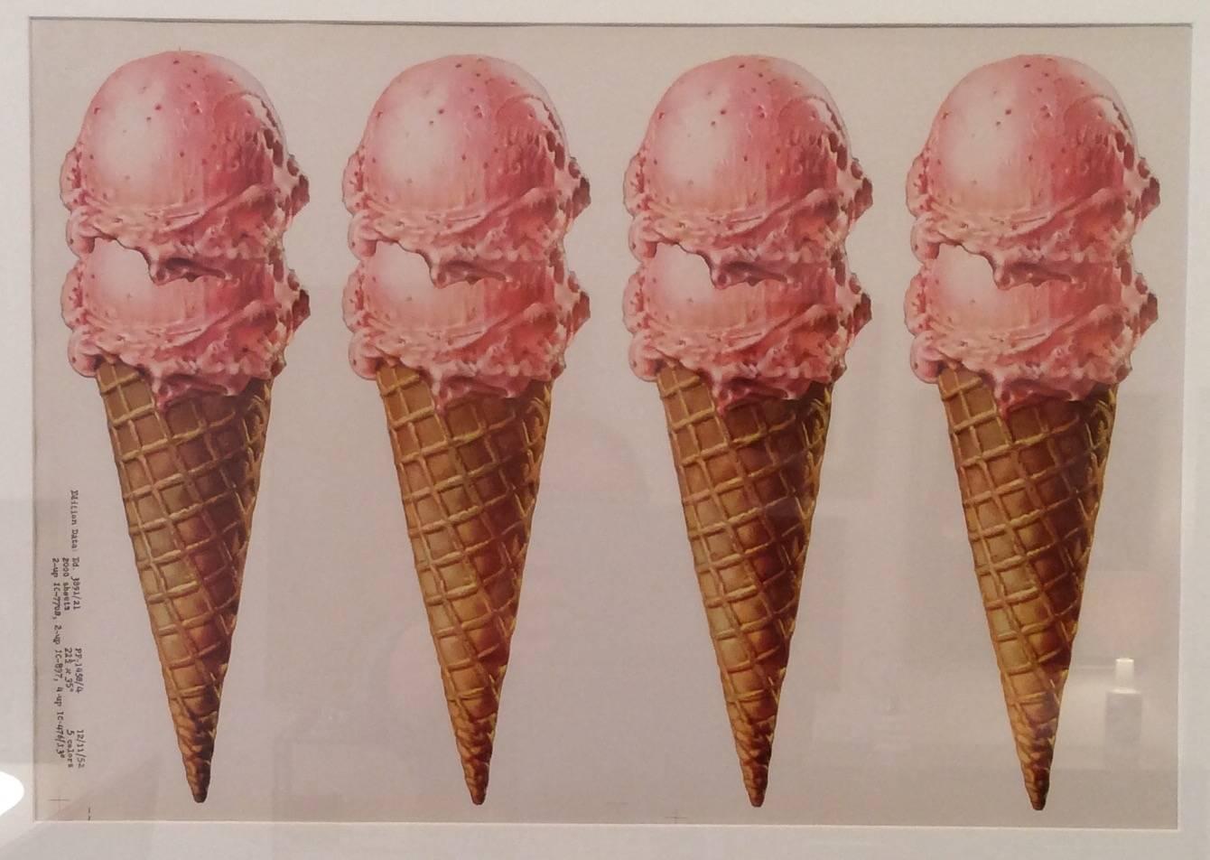 Oversized offset lithographic advertising image from the 1950s of pink ice cream cones. Newly framed. Great graphics.