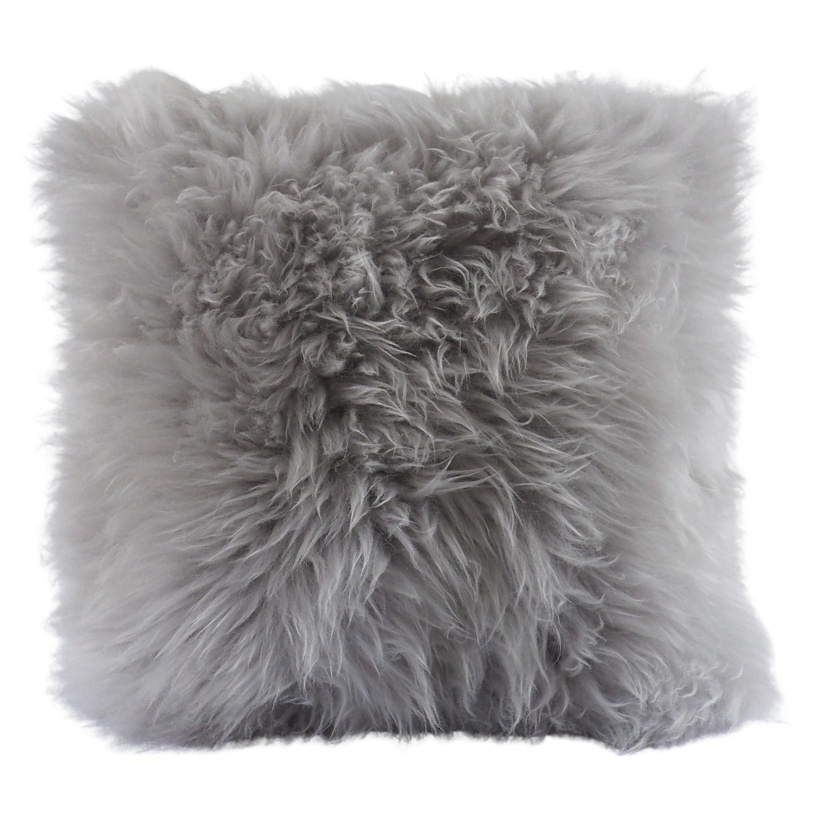 Alps Light Grey Shearling Sheepskin Pillow Fluffy Cushion by Muchi Decor For Sale