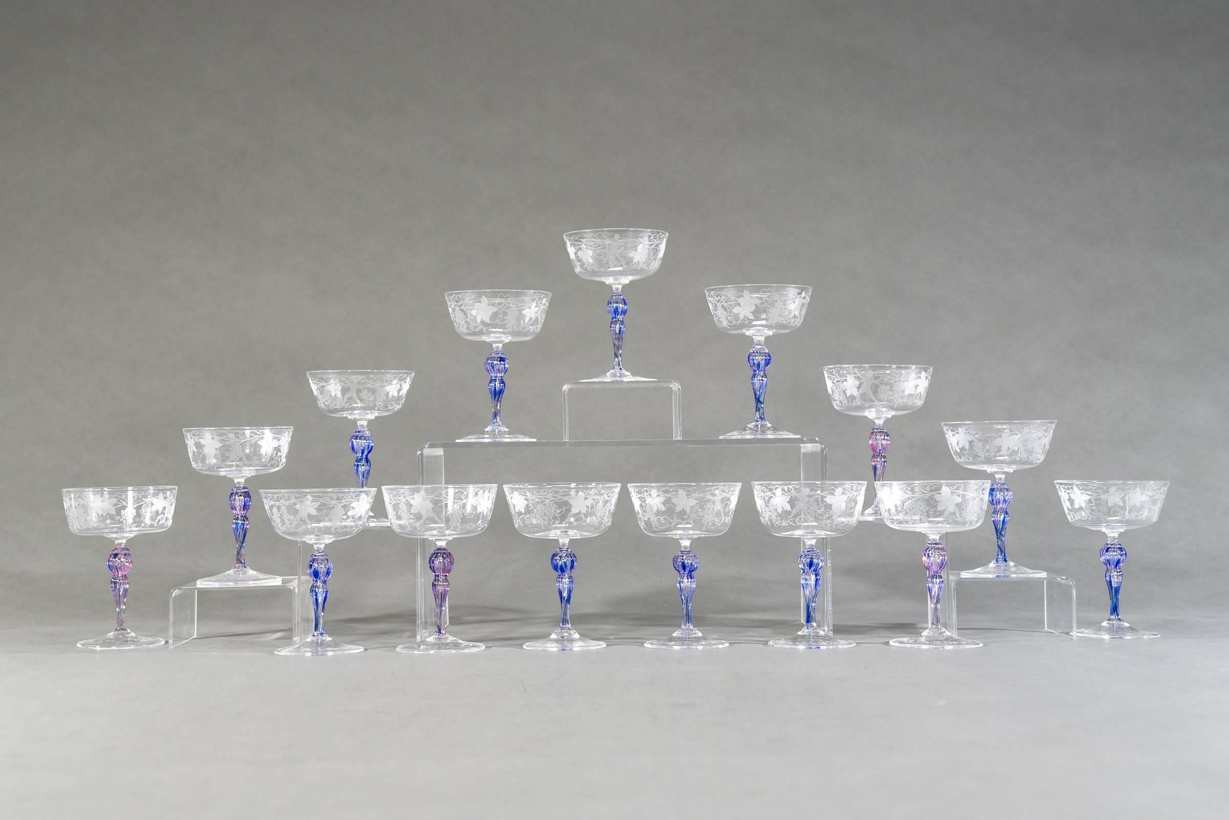 Mid-20th Century 15 Venetian Bacchus and Grape Vine Engraved Champagne Coupes with Purple Stems For Sale