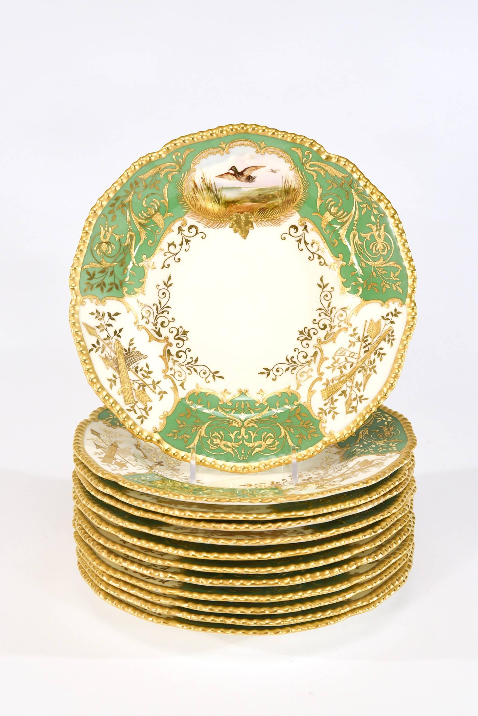This set of 12 Coalport 19th century dessert plates are the perfect solution to serving and enjoying the quality decoration of hand painted game birds. Each bird is named on the back and the centers are white and ready for presentation. The gadroon