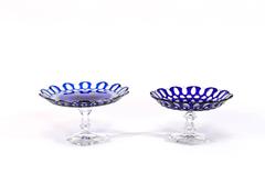 Pair of Val St Lambert Cobalt Blue Cut to Clear Crystal Footed Compotes