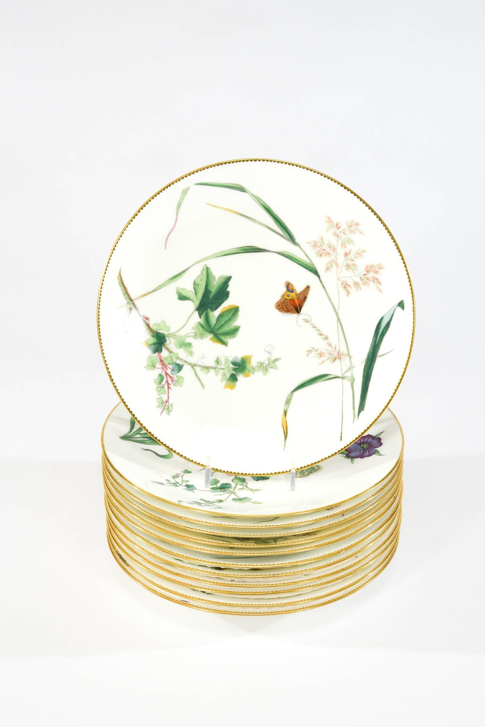 Cet ensemble de 11 assiettes à dessert peintes à la main par Minton est un merveilleux exemple de l'art du Mouvement Esthétique. Datées de 1881, ces assiettes représentent la combinaison de fleurs et d'insectes si recherchée pour la décoration et