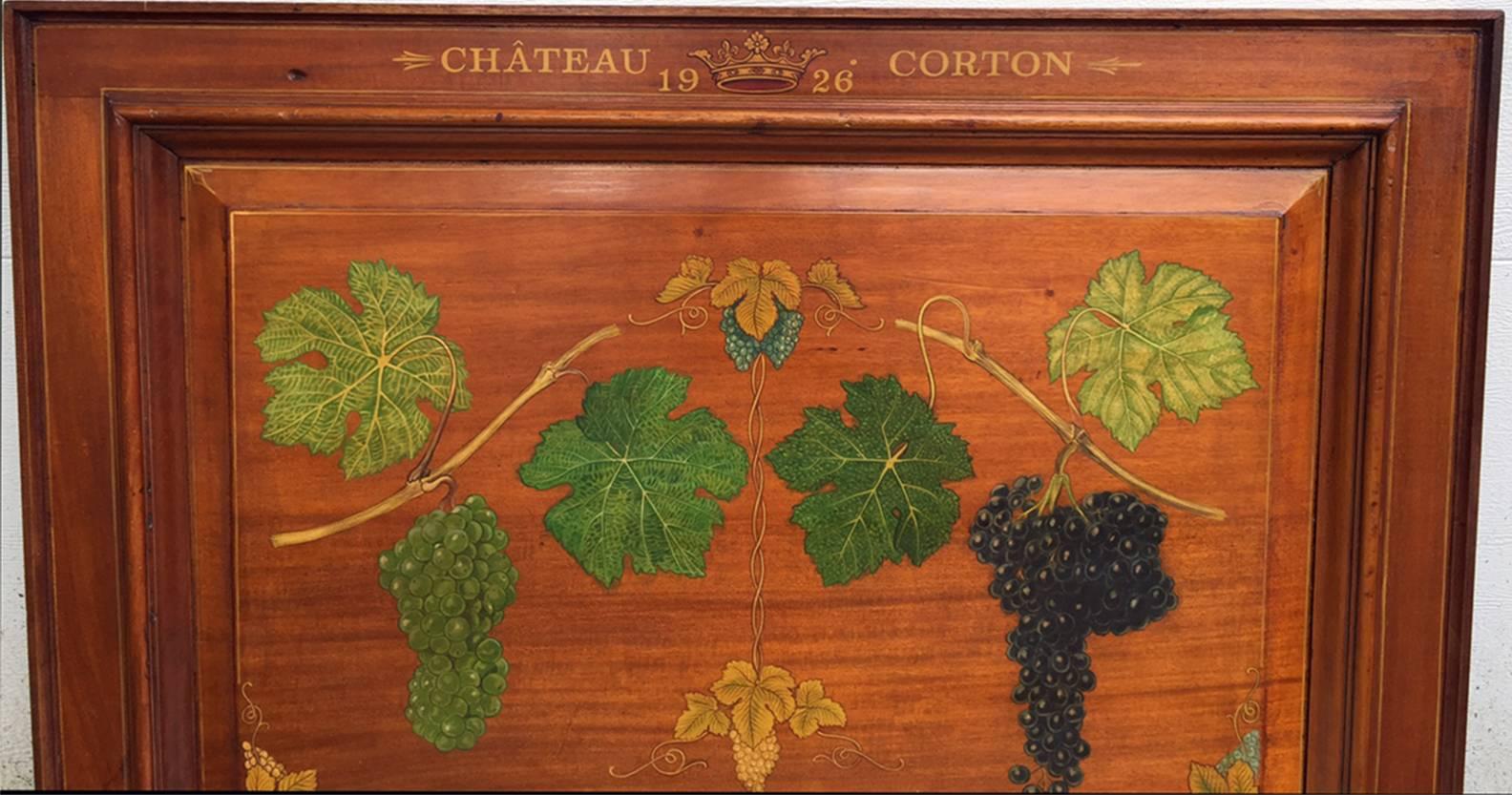 French Chateau Corton Mahogany Wine Cellar Hand-Painted Sign, circa 1926 For Sale