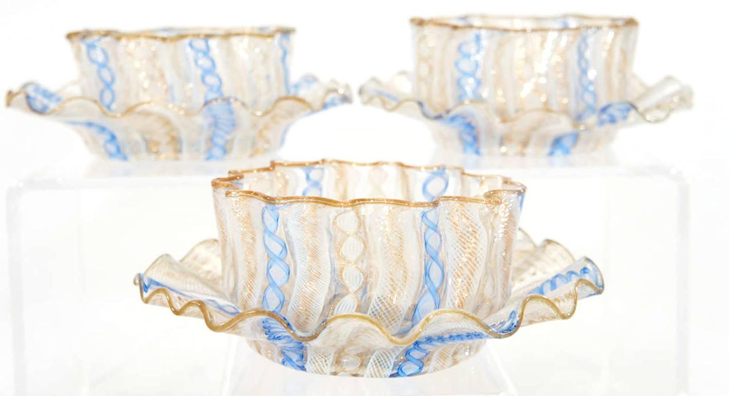 Italian Set of 10 Salviati Venetian/Murano  Hand Blown Latticino Bowls & Plates