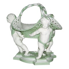 19th C. Minton Figural Putti Porcelain Basket Centerpiece Celedon & White 