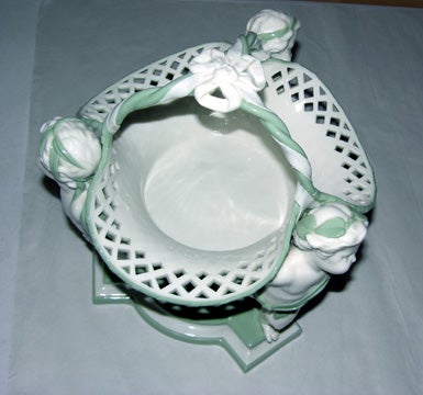 Enameled 19th C. Minton Figural Putti Porcelain Basket Centerpiece Celedon & White 