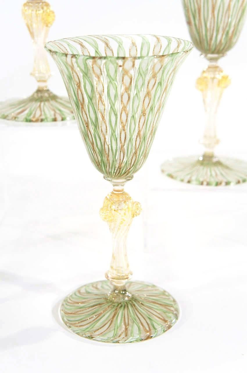 Italian Twelve Handblown Salviati Latticino Goblets with Gold Leaf Inclusions
