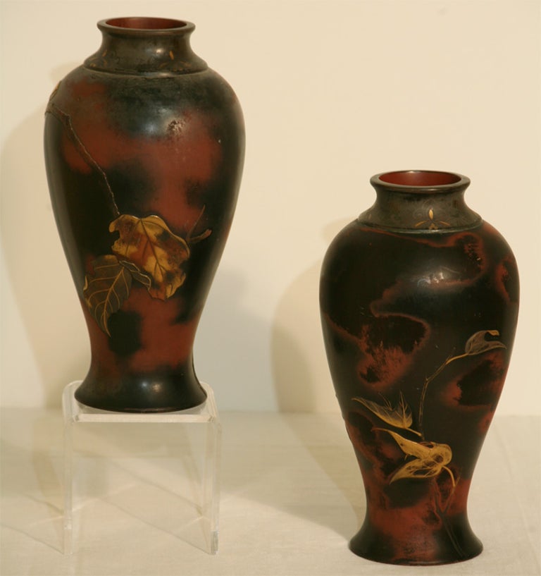Pair of 19th Century Japanese Aesthetic Movement Mixed Metal Bronze Vases For Sale 3