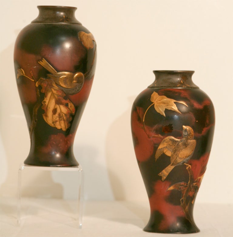 Pair of 19th Century Japanese Aesthetic Movement Mixed Metal Bronze Vases For Sale 7