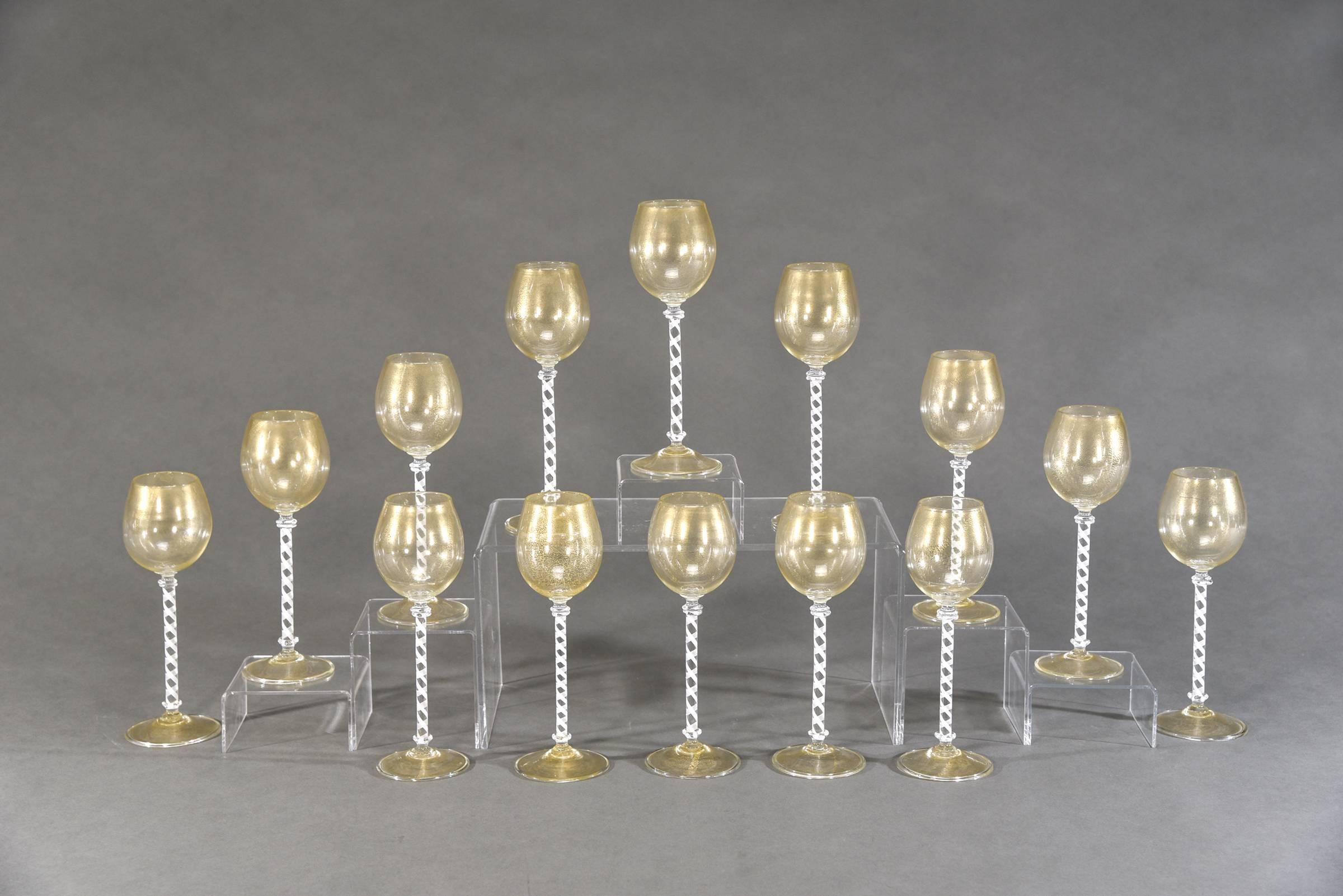 Italian 12 Venetian Goblets w/ White Cane Twist Stems & Gold Inclusions For Sale