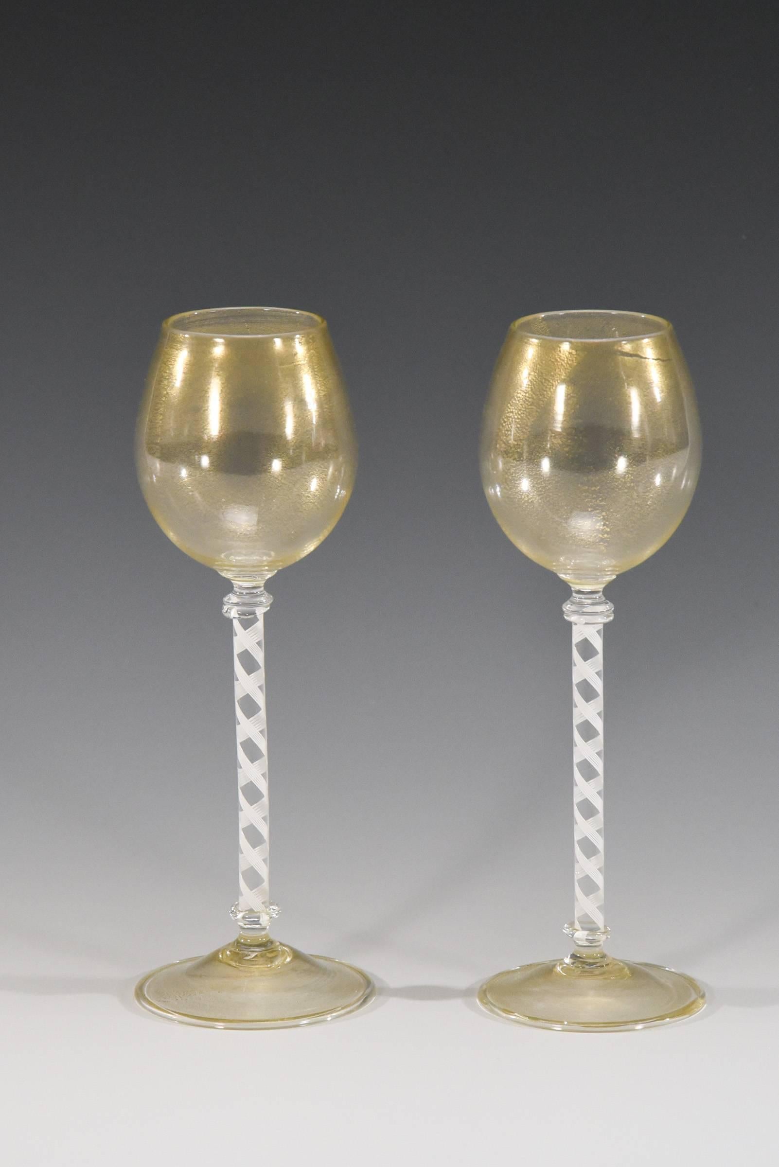 Mid-20th Century 12 Venetian Goblets w/ White Cane Twist Stems & Gold Inclusions For Sale