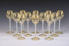 12 Venetian Goblets w/ White Cane Twist Stems & Gold Inclusions