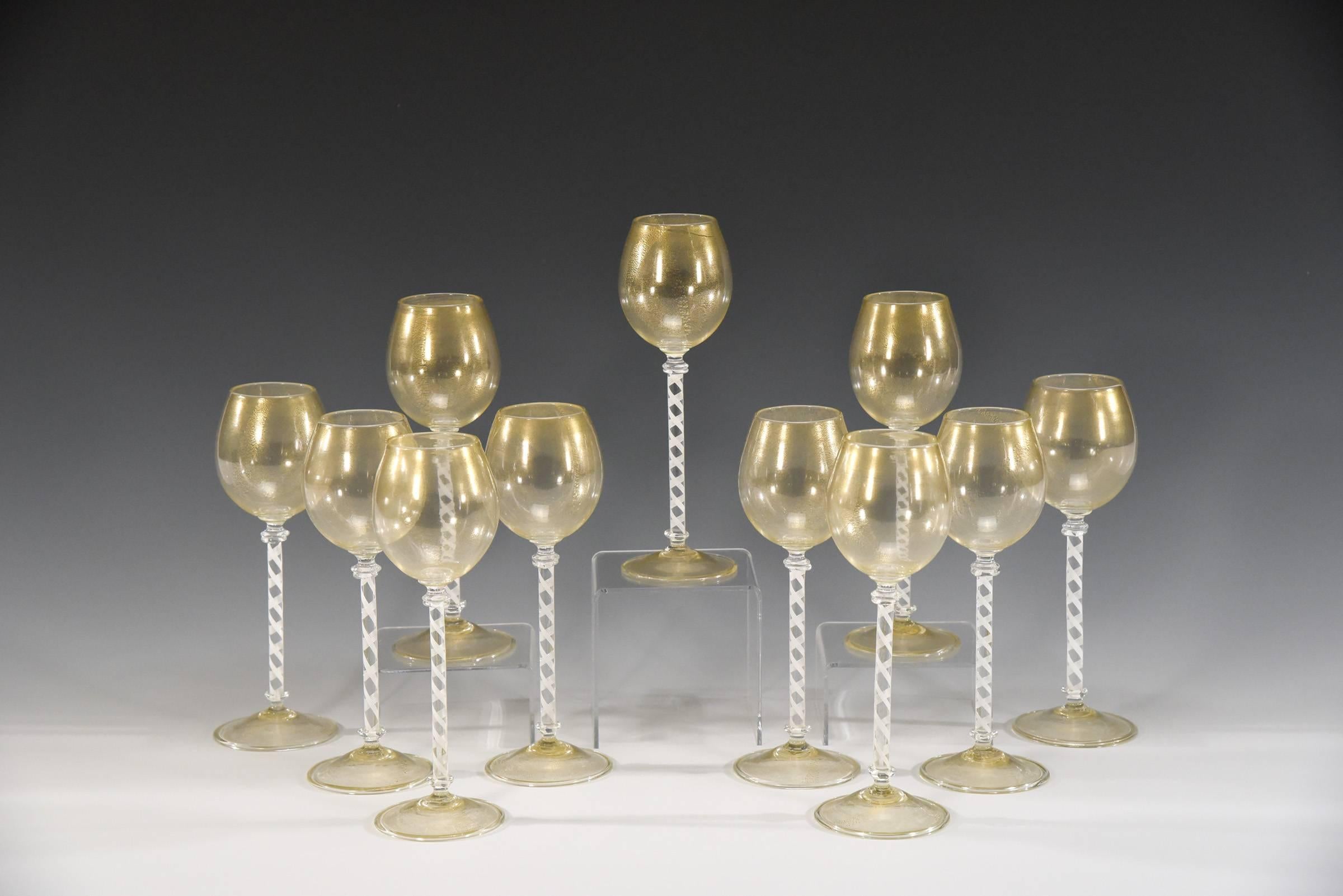 Modern 12 Venetian Goblets w/ White Cane Twist Stems & Gold Inclusions For Sale