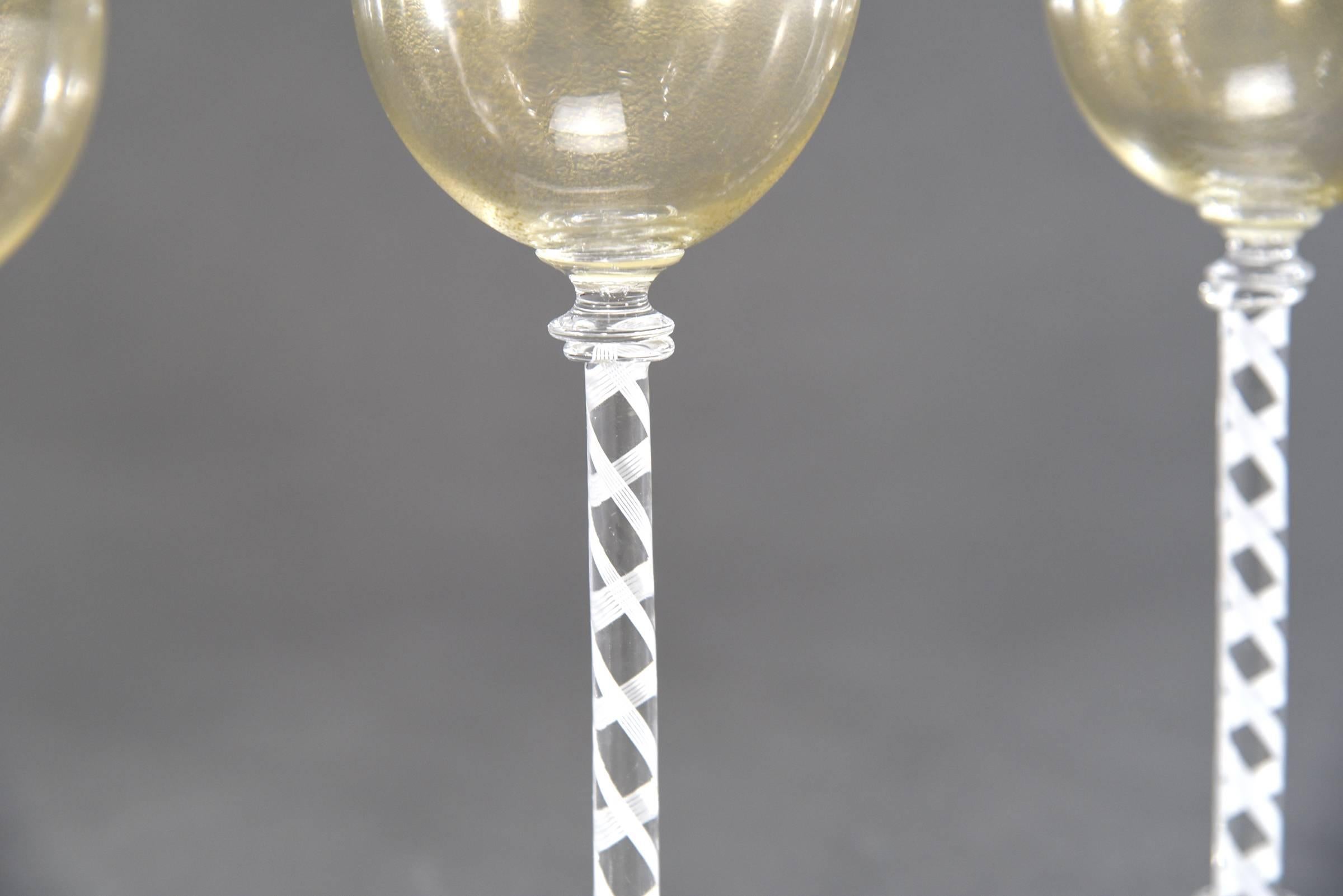 Glass 12 Venetian Goblets w/ White Cane Twist Stems & Gold Inclusions For Sale