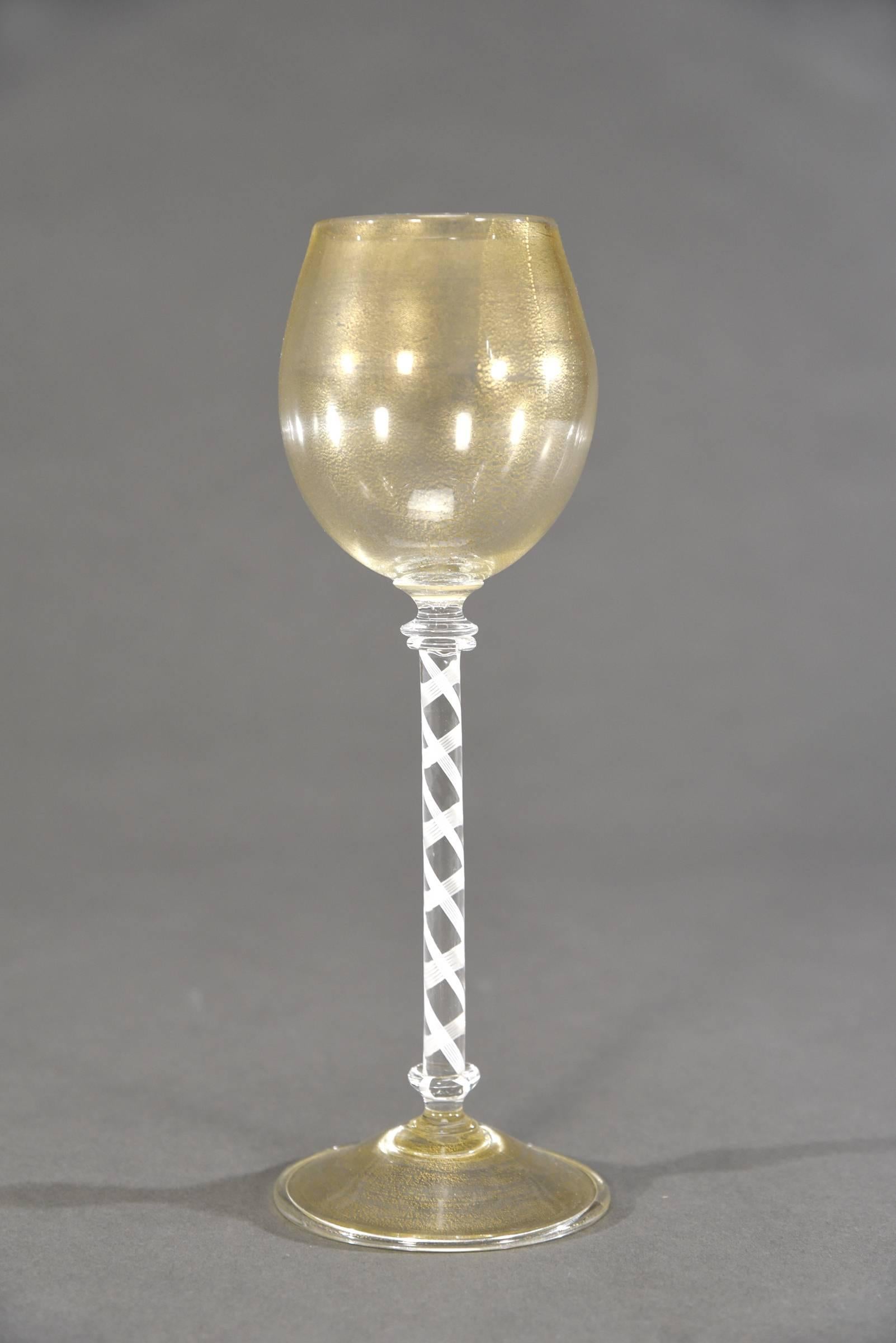 12 Venetian Goblets w/ White Cane Twist Stems & Gold Inclusions For Sale 1