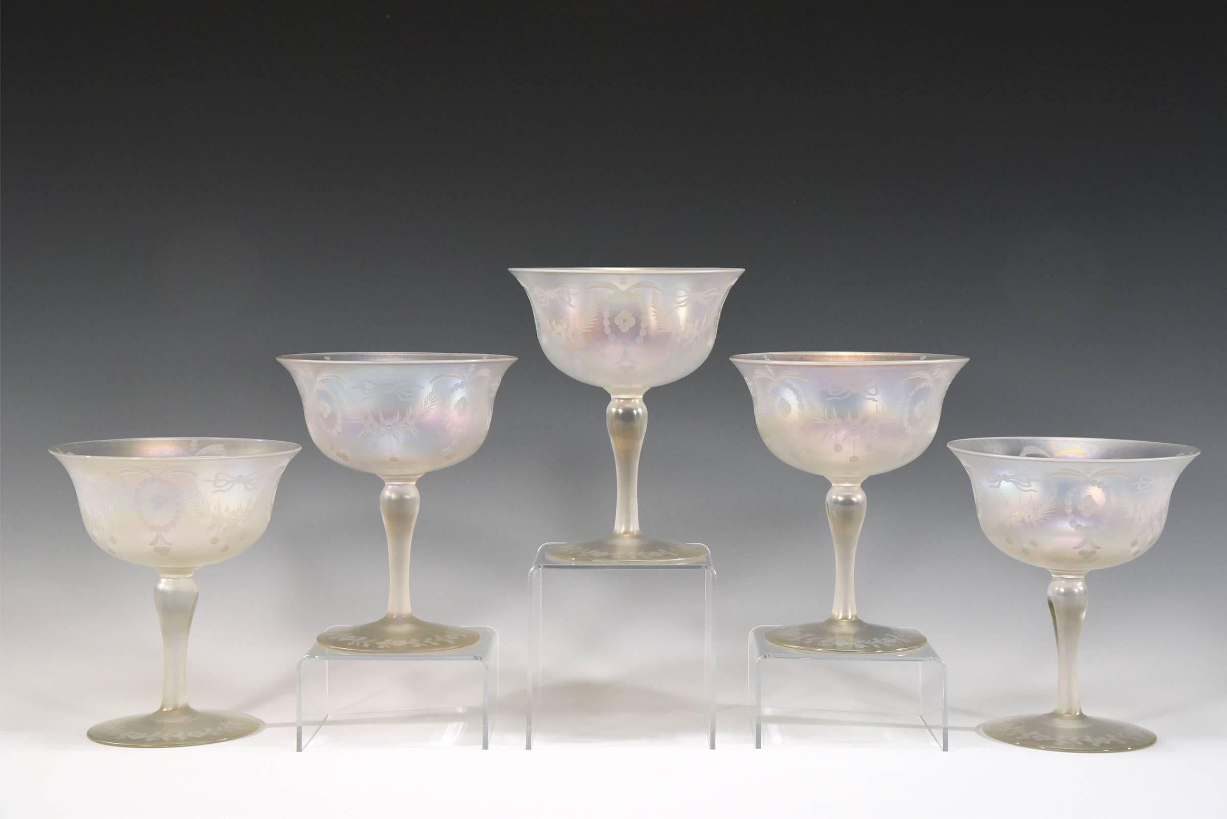 Neoclassical Rare Set of 12 Signed Steuben/Hawkes Verre De Soie Footed Supremes or Compotes