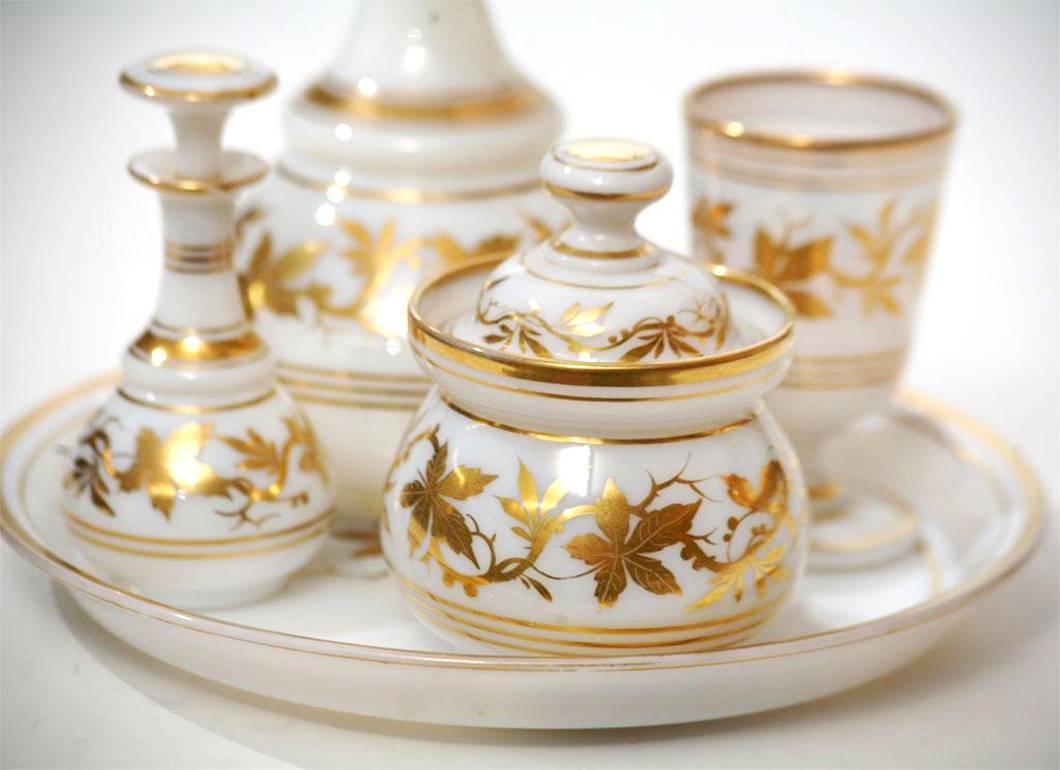 19th Century Baccarat Five-Piece Opaline Water Set with Gilt Enamel Decoration In Excellent Condition For Sale In Great Barrington, MA