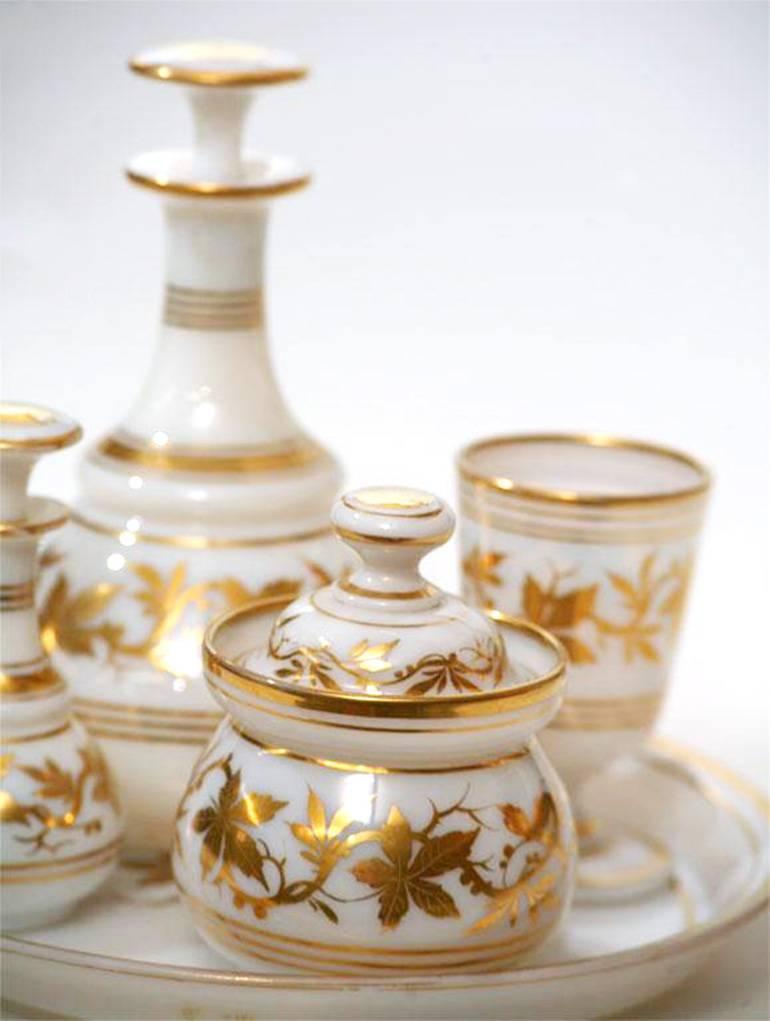 Crystal 19th Century Baccarat Five-Piece Opaline Water Set with Gilt Enamel Decoration For Sale