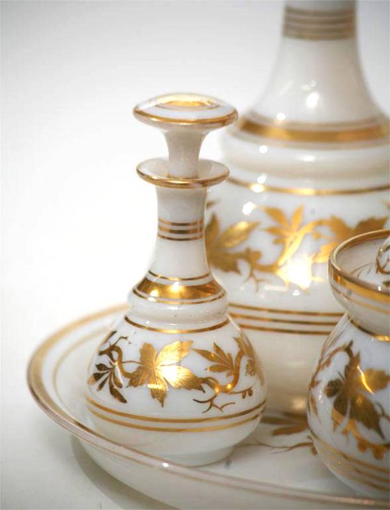 19th Century Baccarat Five-Piece Opaline Water Set with Gilt Enamel Decoration For Sale 1