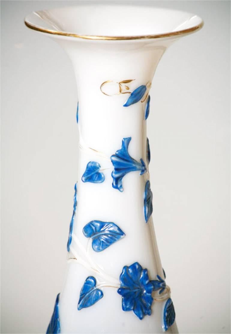 Baccarat hand blown Opaline crystal vase with molded floral and trailing vine relief. Beautiful 