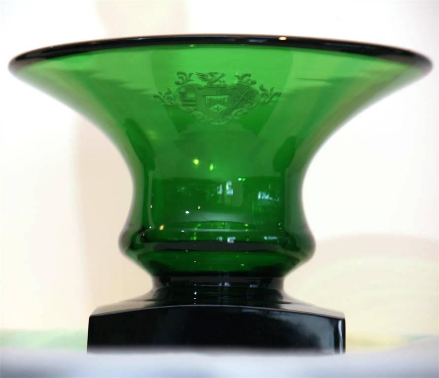 American Steuben Museum Quality Monumental Candlesticks and Center Bowl Pomona Green For Sale