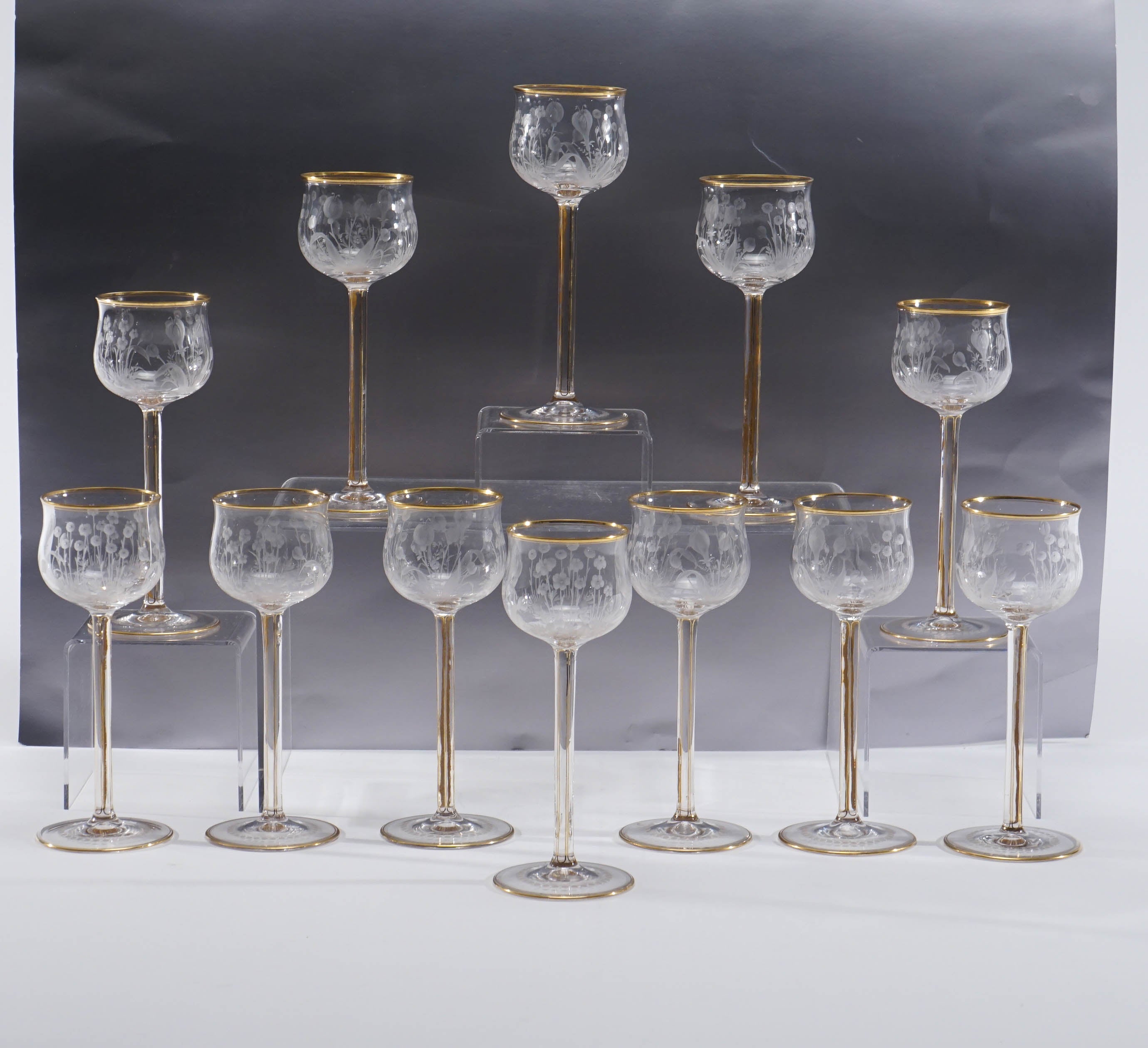 12 Handblown Crystal Mousseline Goblets Hock Wines with Intaglio Cut Decoration