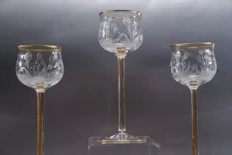 Art Nouveau 12 Handblown Crystal Mousseline Goblets Hock Wines with Intaglio Cut Decoration