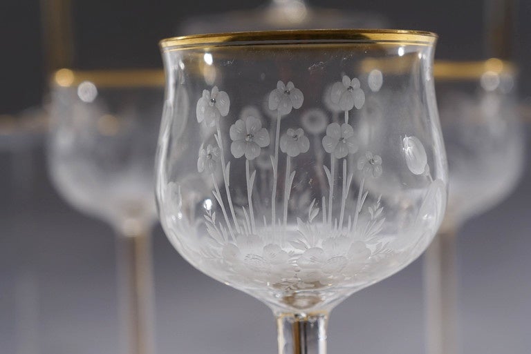 Austrian 12 Handblown Crystal Mousseline Goblets Hock Wines with Intaglio Cut Decoration