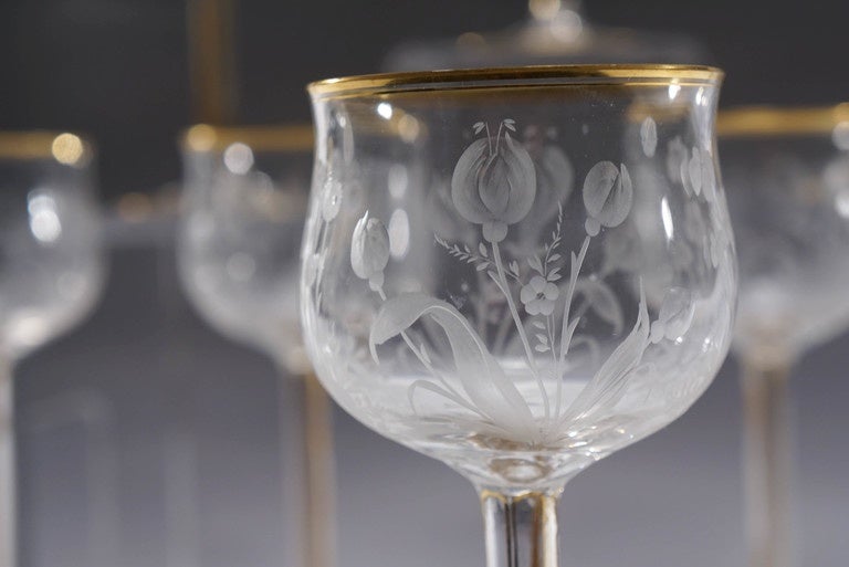 12 Handblown Crystal Mousseline Goblets Hock Wines with Intaglio Cut Decoration In Excellent Condition In Great Barrington, MA