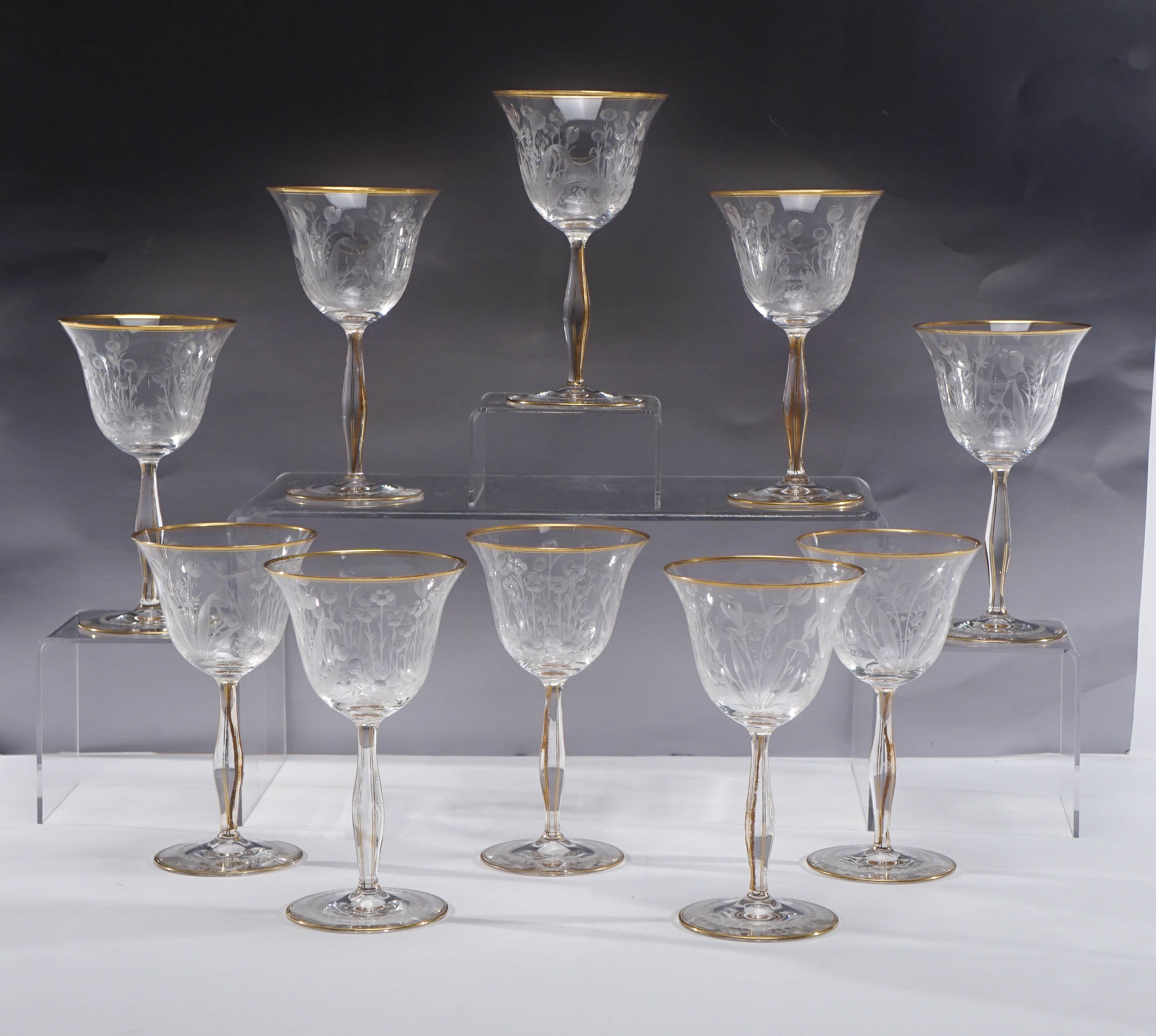 12 Handblown Crystal Mousseline Goblets Wines with Intaglio Cut Decoration