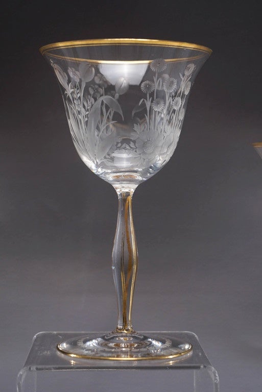 Art Nouveau 12 Handblown Crystal Mousseline Goblets Wines with Intaglio Cut Decoration