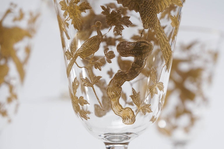 French 12 Baccarat Crystal Wine Goblets Intaglio Cut with Gilded Exotic Bird Motifs