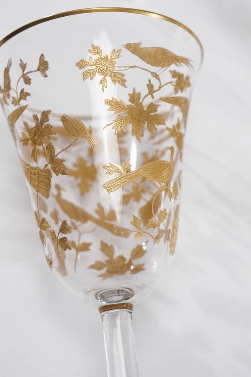12 Baccarat Crystal Wine Goblets Intaglio Cut with Gilded Exotic Bird Motifs 1