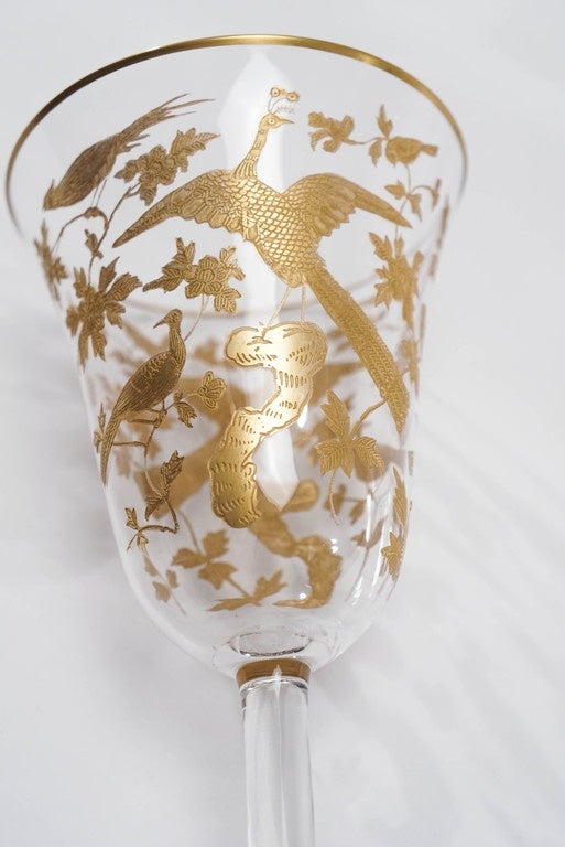 12 Baccarat Crystal Wine Goblets Intaglio Cut with Gilded Exotic Bird Motifs 2