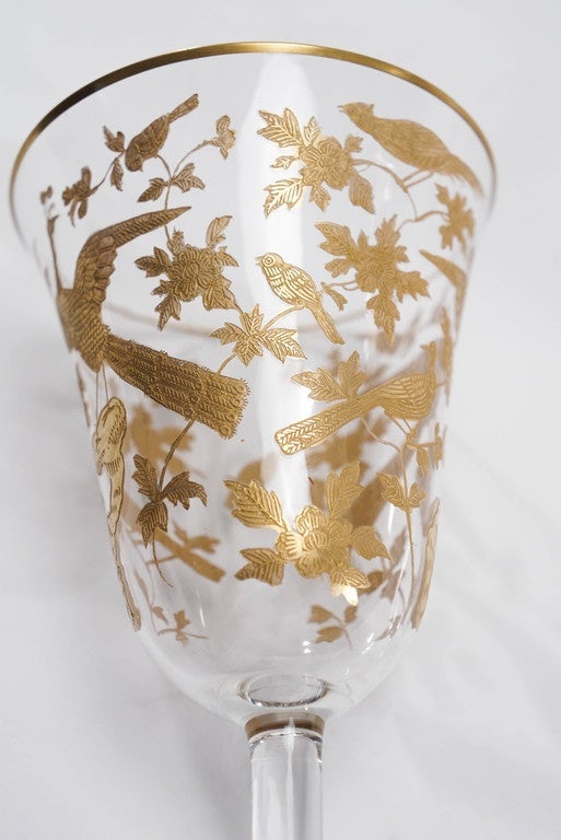 12 Baccarat Crystal Wine Goblets Intaglio Cut with Gilded Exotic Bird Motifs 3