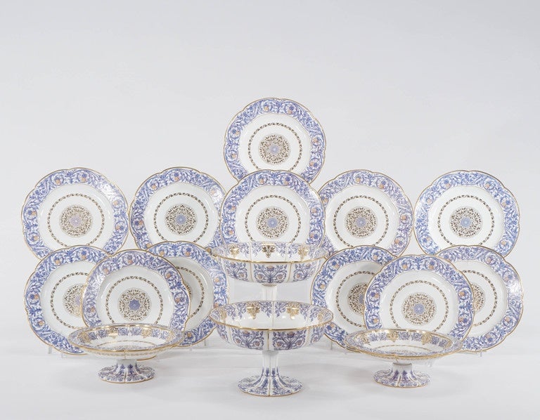 This amazing Sevres 19th century dessert service is in mint condition and dates to 1846 yet it has an almost contemporary look. The detailed scrolling and polychrome enamel decoration is highlighted and trimmed in gold and the 16 piece set consists