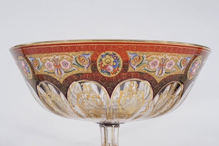 French Moser Three-Piece Centrepiece in Ruby Red, Hand-Painted Enamel and Gold
