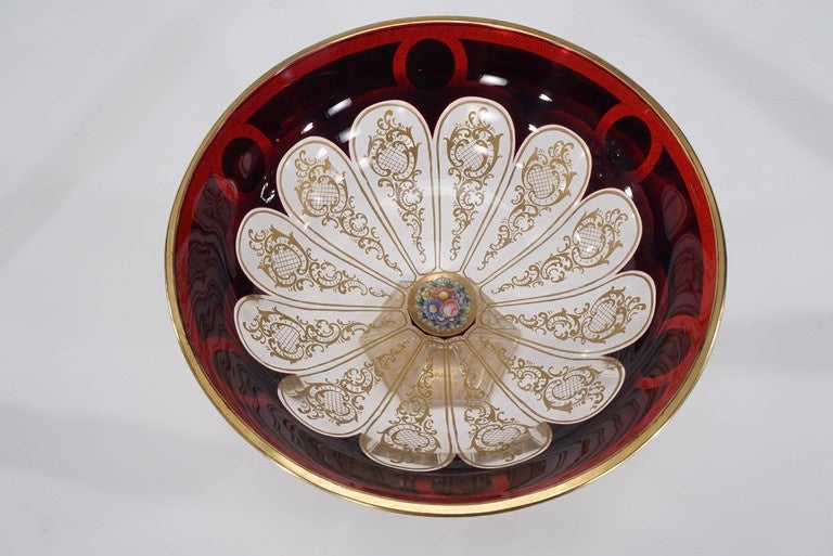 20th Century Moser Three-Piece Centrepiece in Ruby Red, Hand-Painted Enamel and Gold