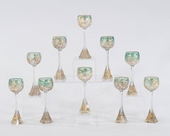 Ten Moser Handblown Crystal Shaded Wine Goblets Raised Gold Hexagonal Foot