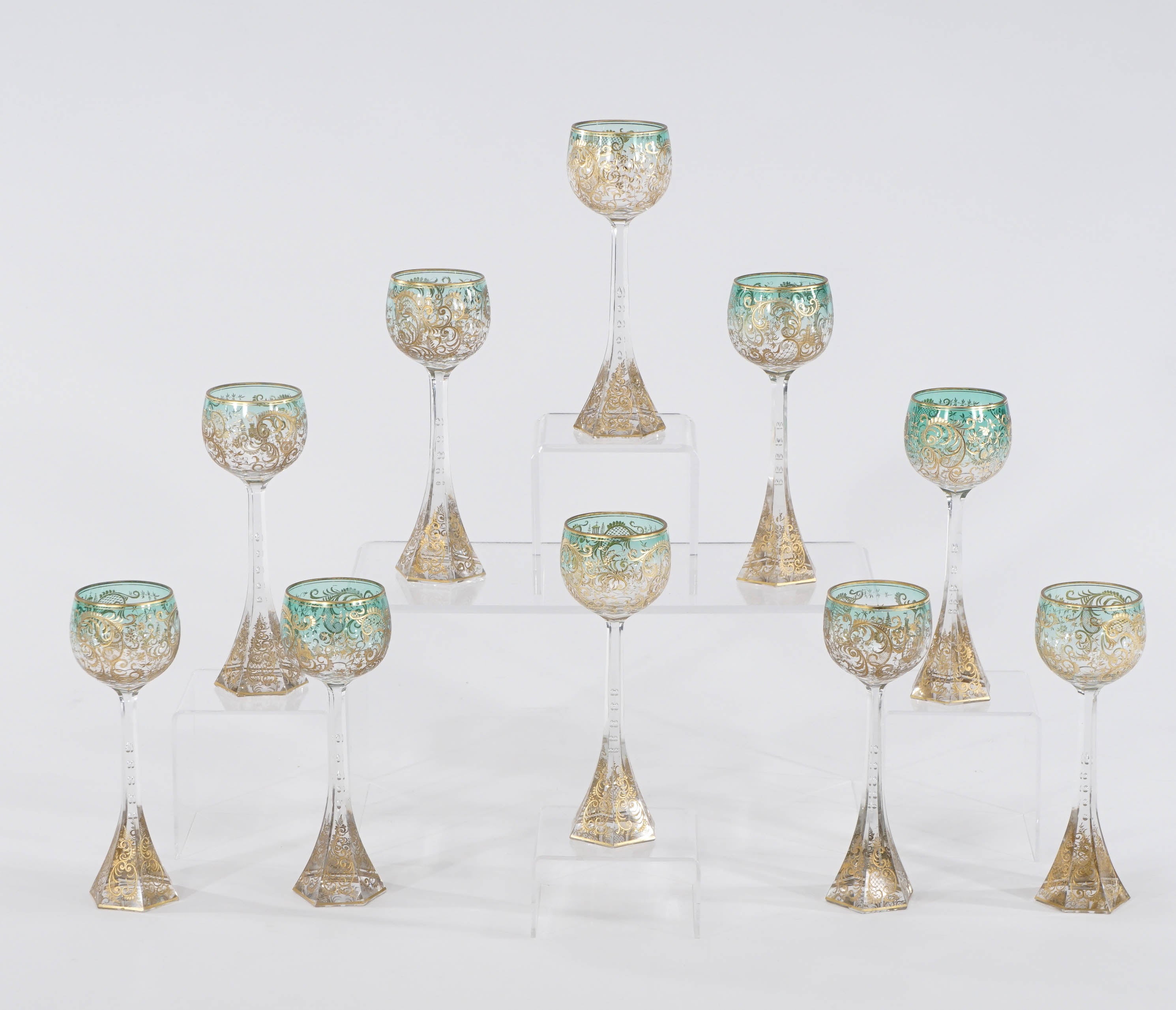 Czech Ten Moser Handblown Crystal Shaded Wine Goblets Raised Gold Hexagonal Foot