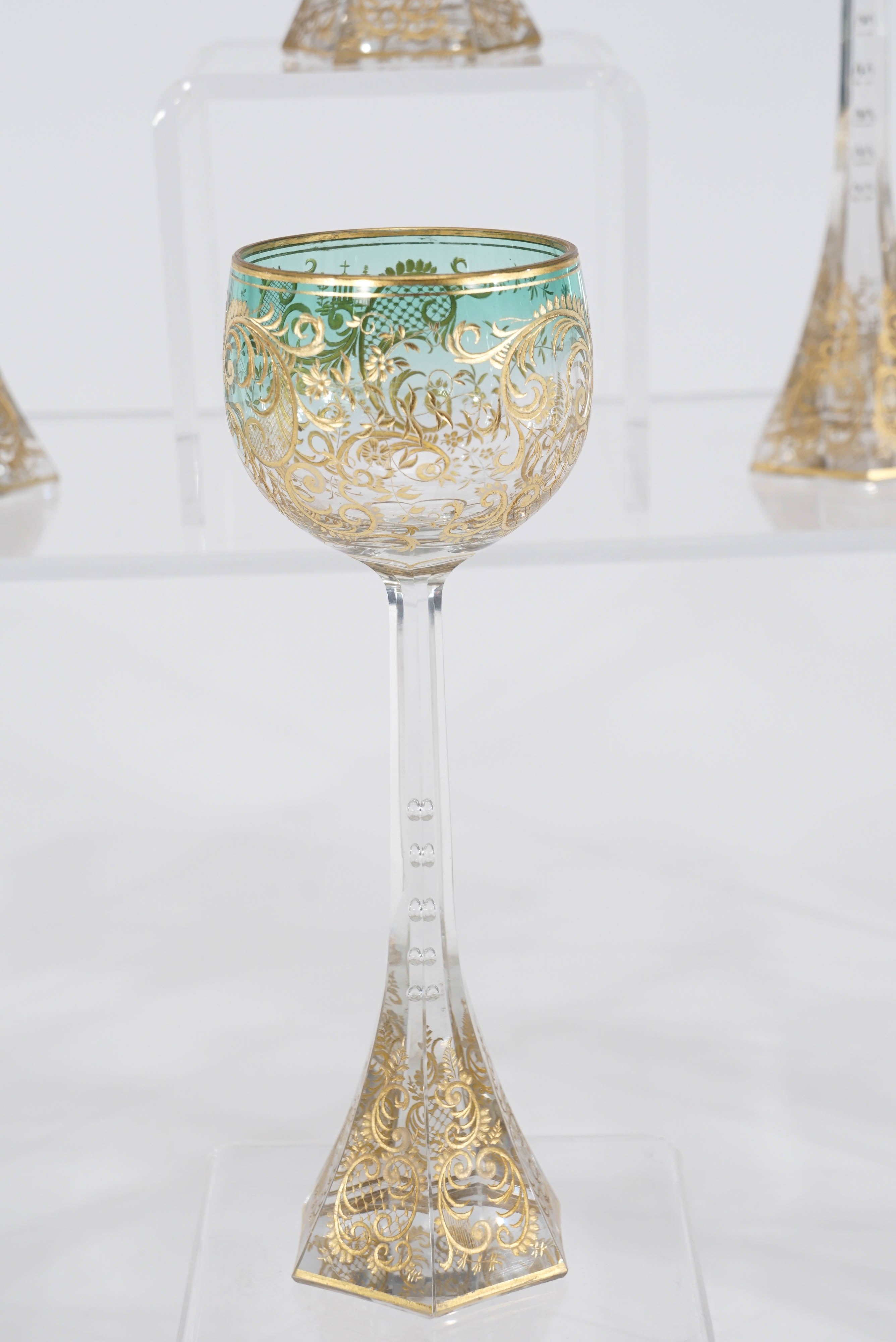 Gilt Ten Moser Handblown Crystal Shaded Wine Goblets Raised Gold Hexagonal Foot