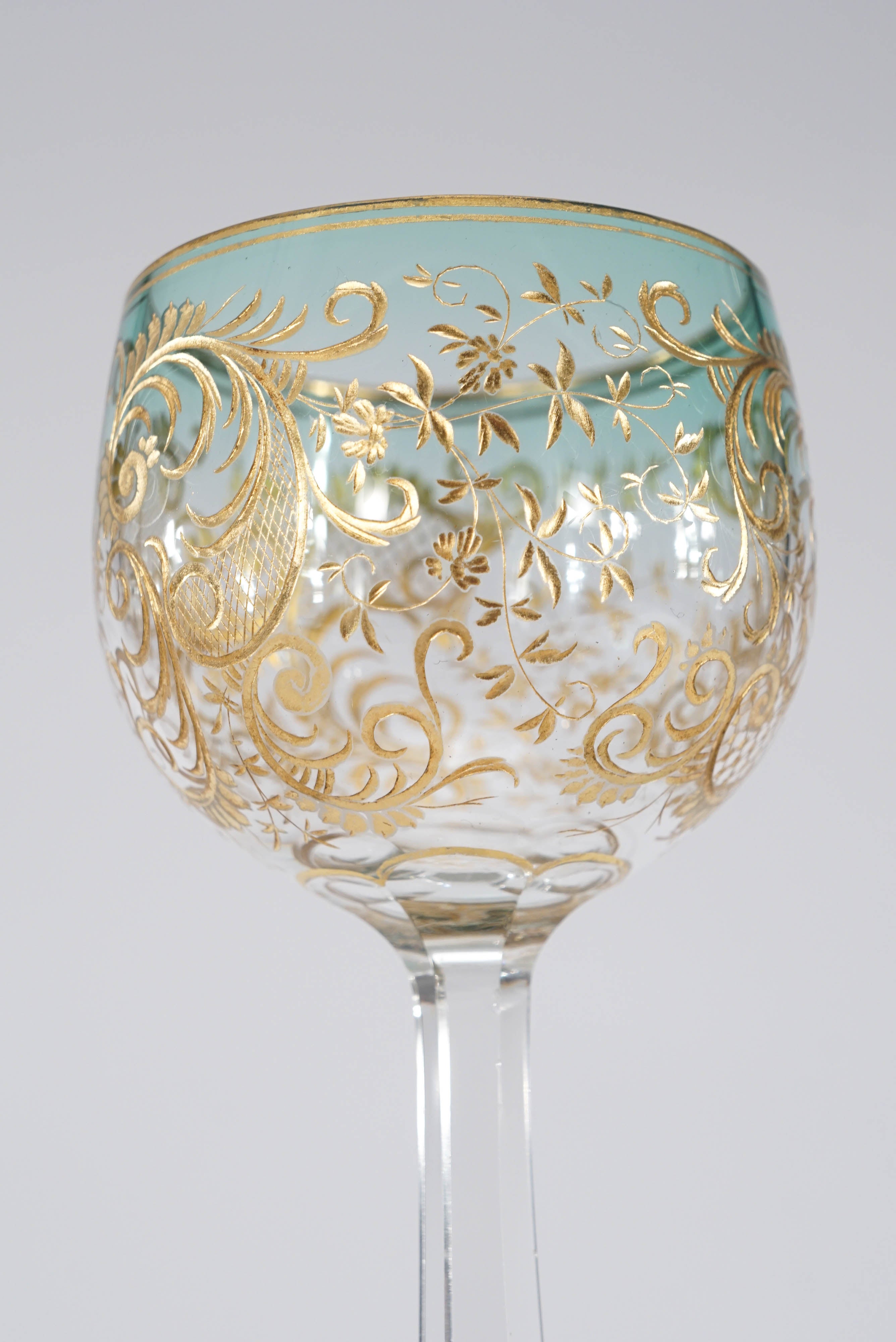 Late 19th Century Ten Moser Handblown Crystal Shaded Wine Goblets Raised Gold Hexagonal Foot