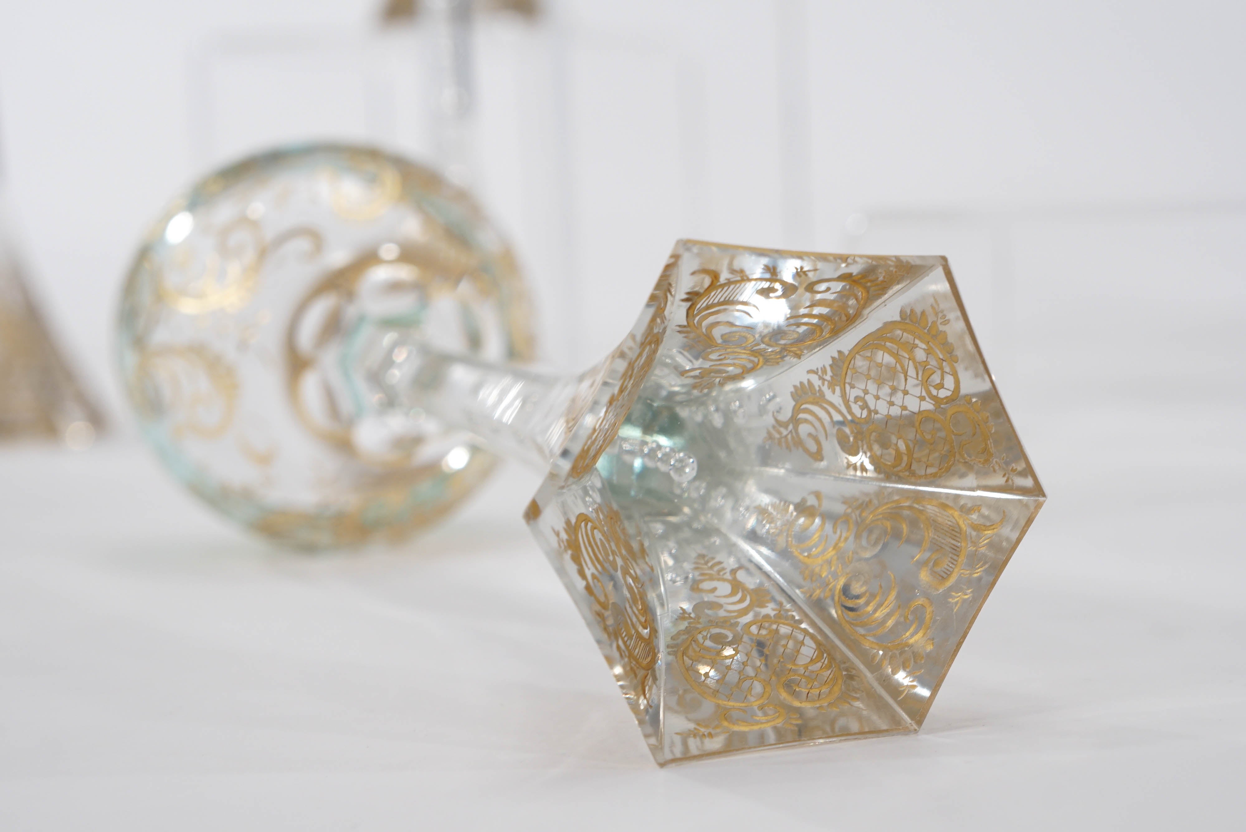 Ten Moser Handblown Crystal Shaded Wine Goblets Raised Gold Hexagonal Foot 3