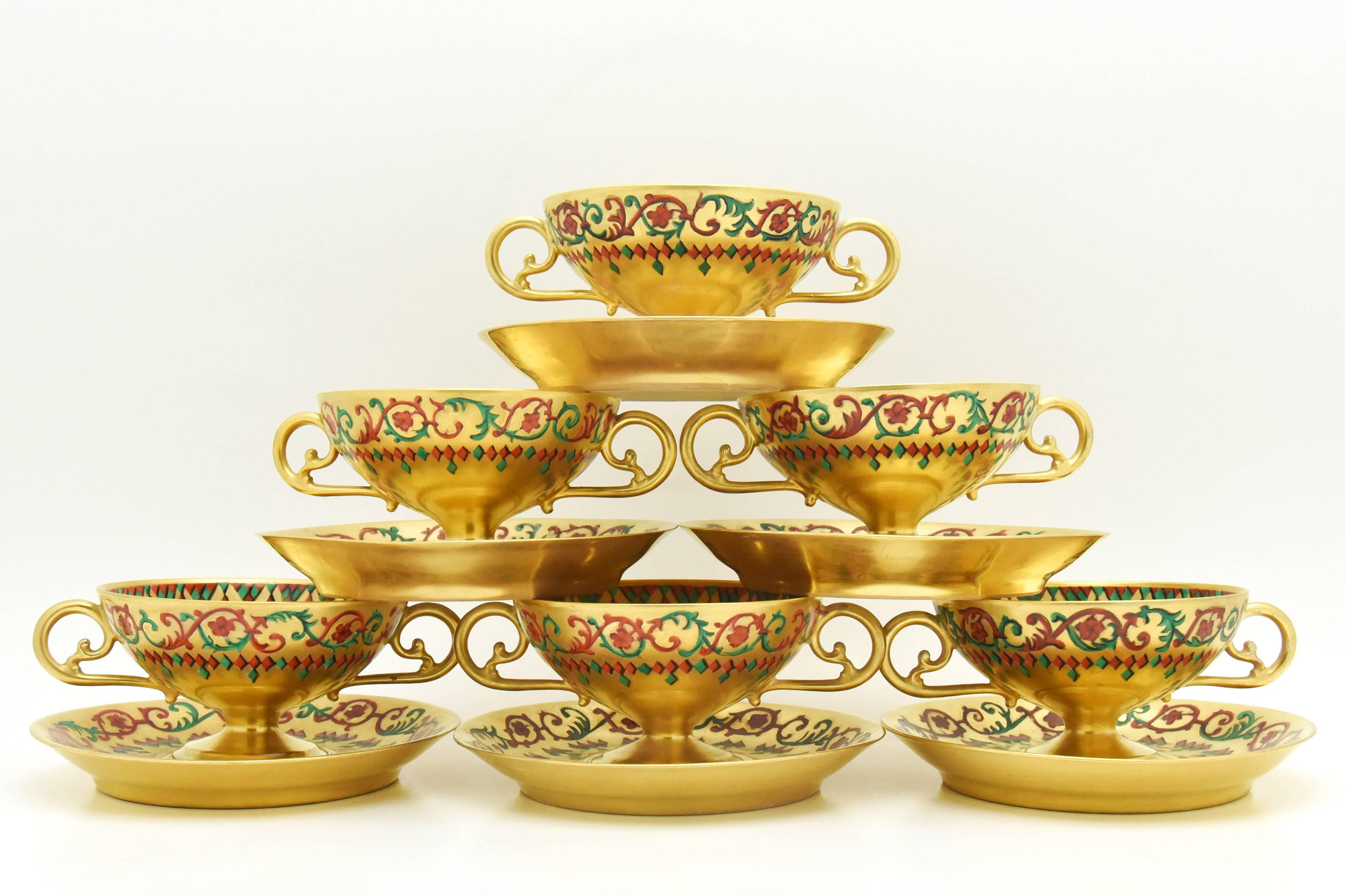 Six French Gold Footed Compotes and Saucers Persian Enameled Decoration, Signed In Good Condition For Sale In Great Barrington, MA