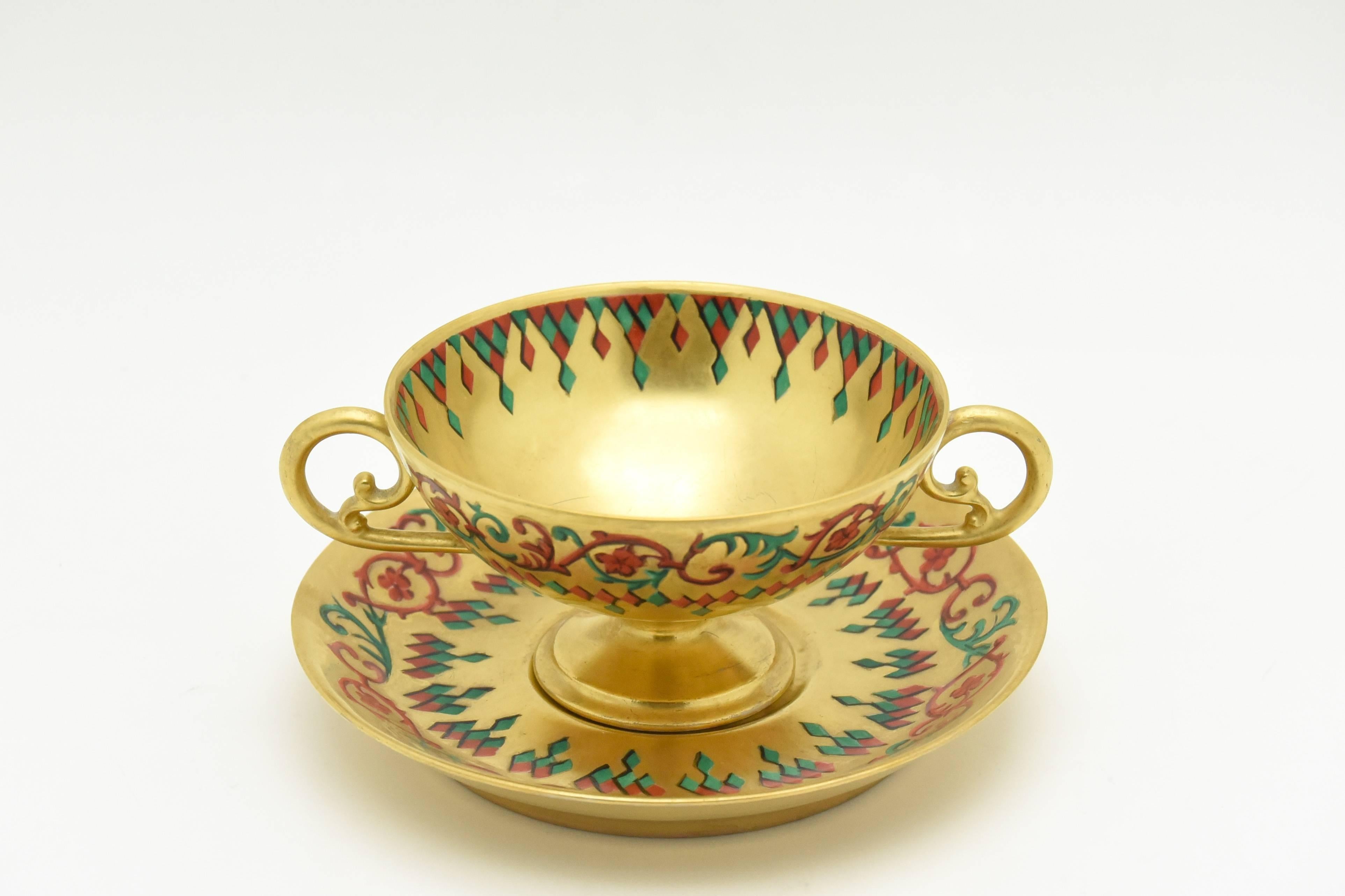 19th Century Six French Gold Footed Compotes and Saucers Persian Enameled Decoration, Signed For Sale